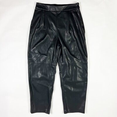 NEW Mango MNG Faux Vegan Leather High Waisted Straight Leg Solid Black Pants 6