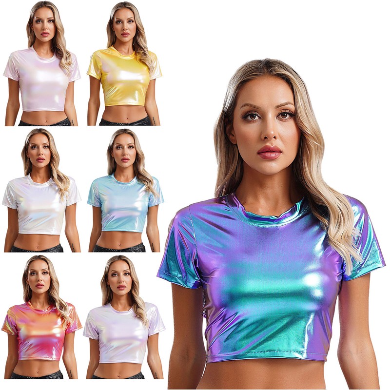 Women Top Glitter T-shirt Causal Tee Jazz Short Sleeve