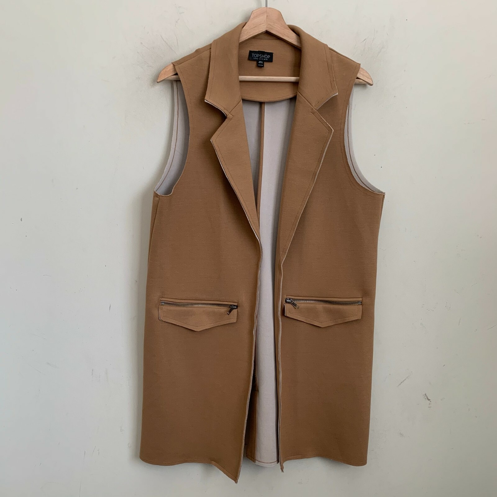 Top Shop Womens Waistcoat Jacket Camel Sleeveless Open Front Zip Pockets Size 10 eBay