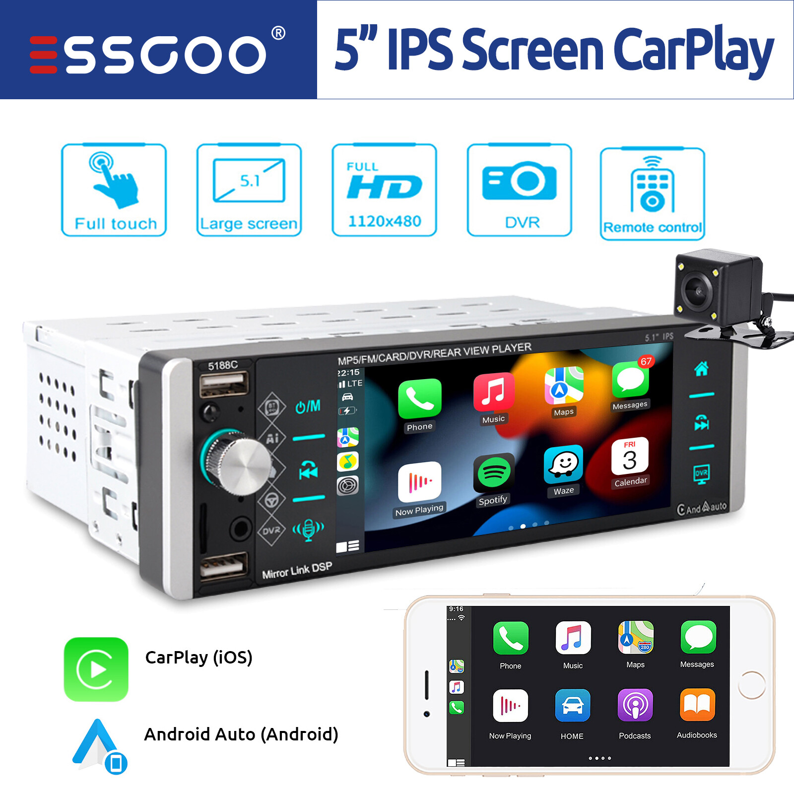 Stereo With Backup Camera Bluetooth Apple/android Carplay 4 Usb