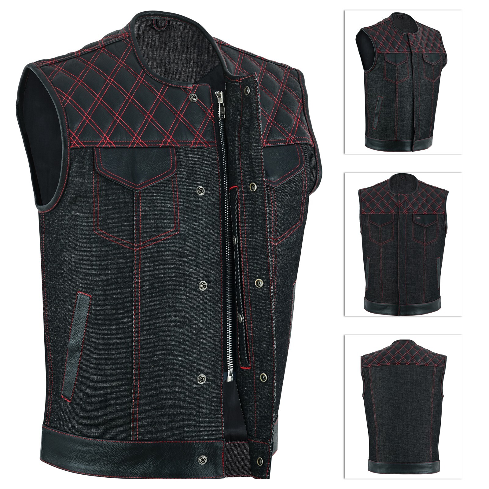 Men's Motorcycle Leather Denim Club Style Vest Red Stitching
