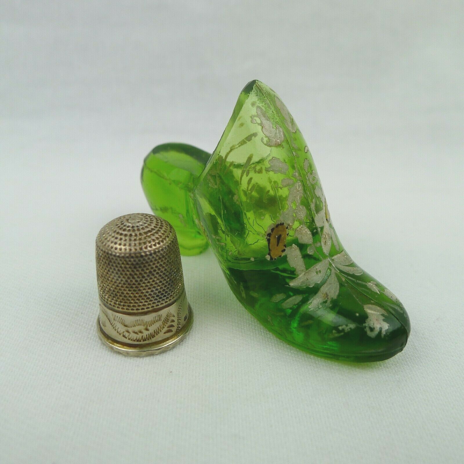 Floral Painted Green Glass Thimble Holder Shoe With Sterling Silver Thimble Rare