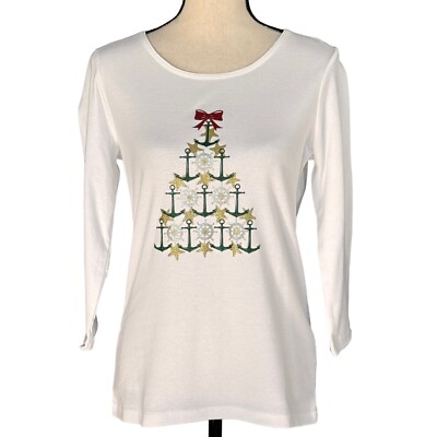 Karen Scott Small Top Nautical Anchor Tree Holiday Christmas 3/4 Sleeve White