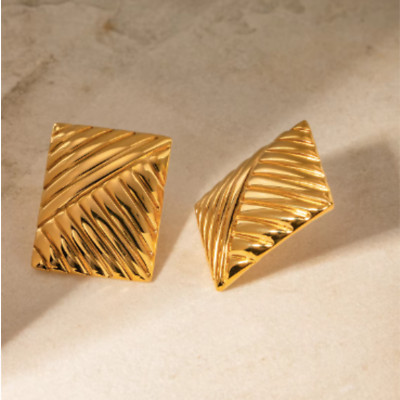 18k Gold Vintage Trendy Square Earrings | Gold Square Texture Studs