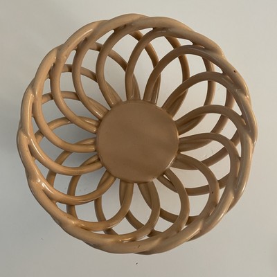 Ceramic Woven Lattice Small Fruit Bowl Bread Basket Tan Neutral Art Pottery