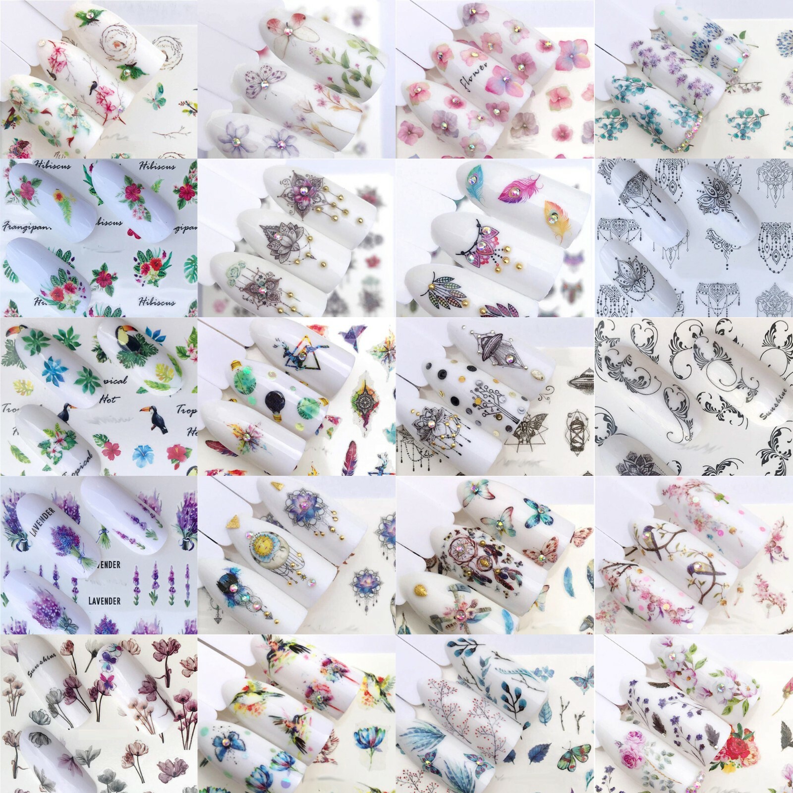 Nail Art Nagel Sticker - Wasser transfer Tattoos - Blumen Schmetterlinge Gothic