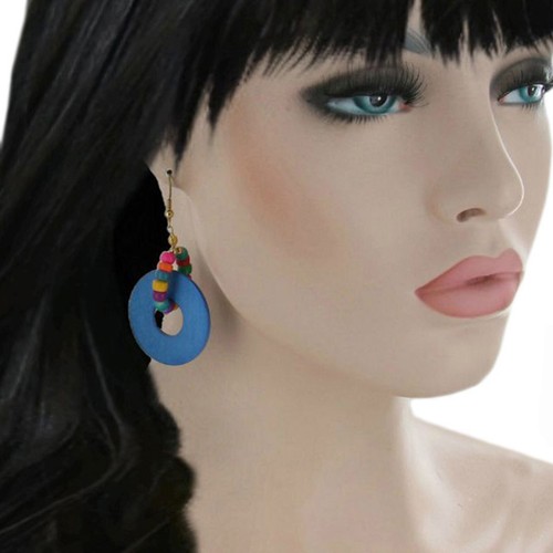 Tropical Large Blue Multicolor Wooden Beaded Pierced Dangle Hoop Earrings 2 7/8"
