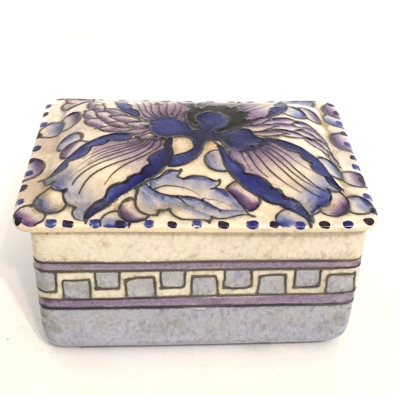 Bursley Ware Charlotte Rhead England Blue Peony Lidded Trinket Box - RARE