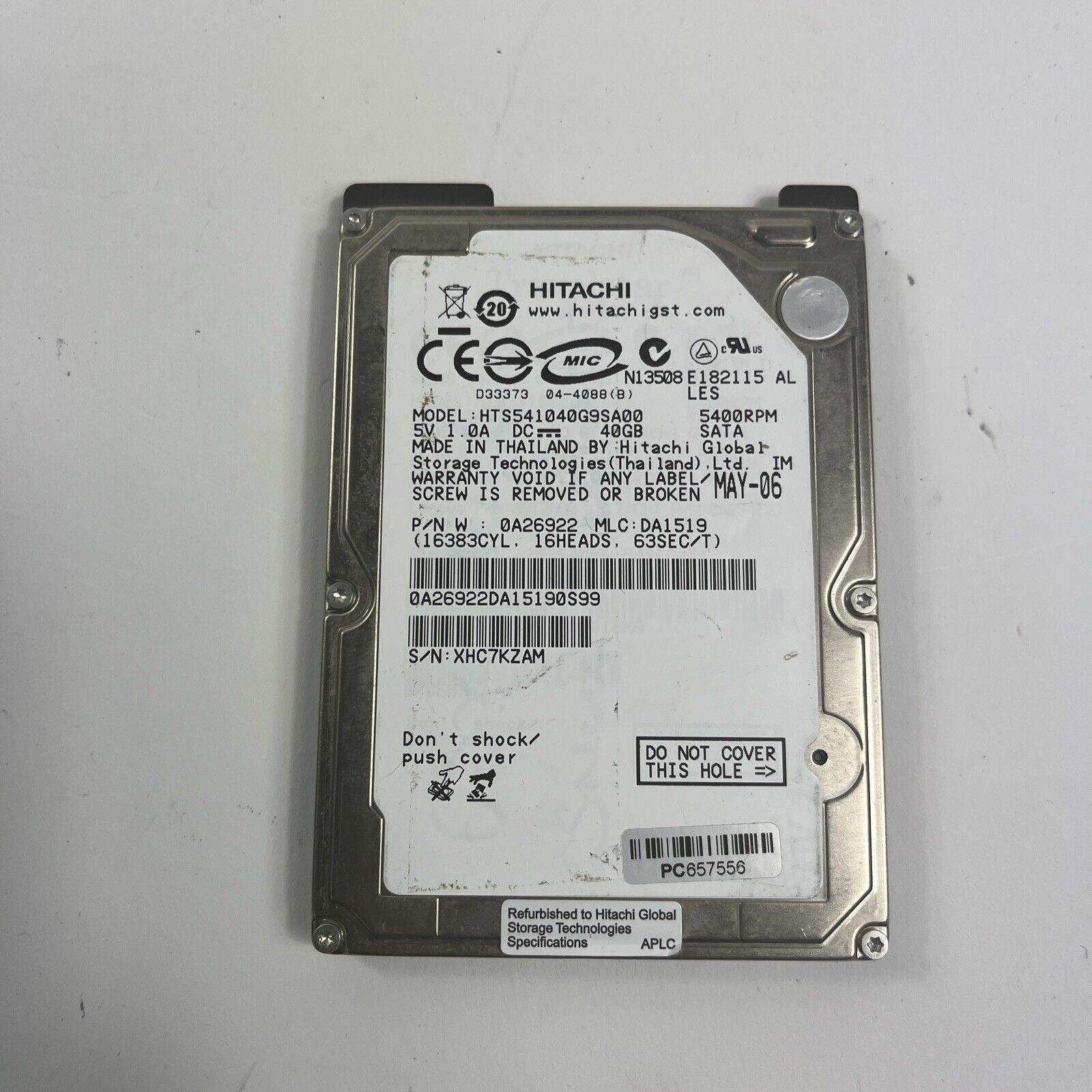 Hitachi HTS541040G9SA00 40GB 5400RPM 2.5" SATA Laptop Hard Drive (Read)