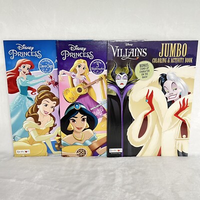 3PC Disney Princess + Villains Jumbo Coloring Activity Books Kids Children Girls