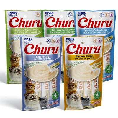 INABA Churu Cat Treats, Grain-Free, Lickable, Squeezable Creamy Purée Cat Tre...