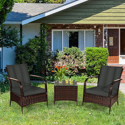 3PCS Outdoor Patio Rattan Conversation Set Furniture Set w/ Table Cushions