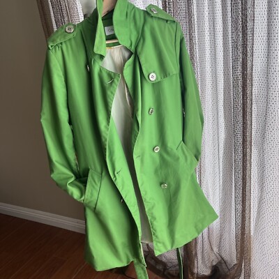 Calvin Klein Green Trench Coat Lightweight Sz Large Silver Button Belted