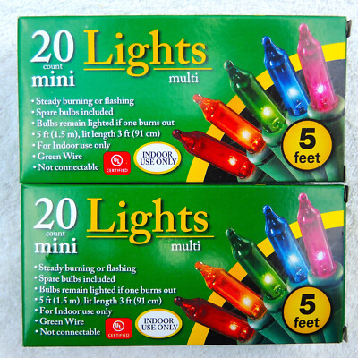 2 Pack Christmas 20 Count (40 Total) Multi Colored Mini Lights 5 ft Indoor Use
