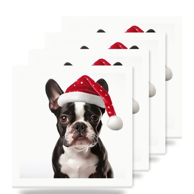 Boston Terrier Santa Hat Christmas Coasters Set of 4 Ceramic Cork Back