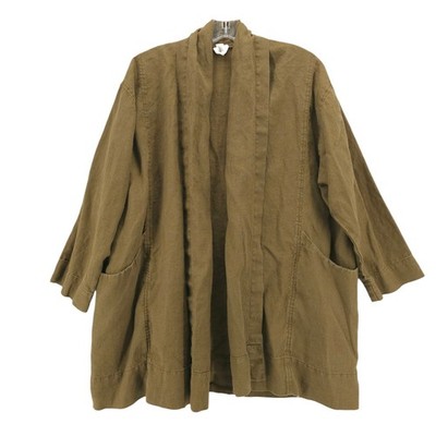 ELIZABETH SUZANN Olive Clyde Jacket 100% Linen Midweight Relaxed Open Front L/XL