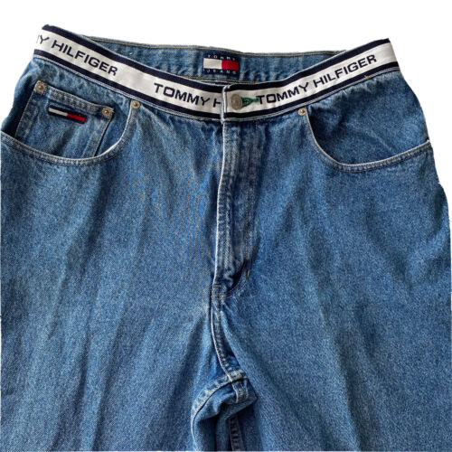 Tommy Hilfiger Blue Denim Jeans White Spell Out Waist Band 32 x 30 Vintage  | eBay