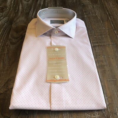Perry Ellis Portfolio Tech Dress Shirt Comfort Collar Pink Print 14 1/2 32/33