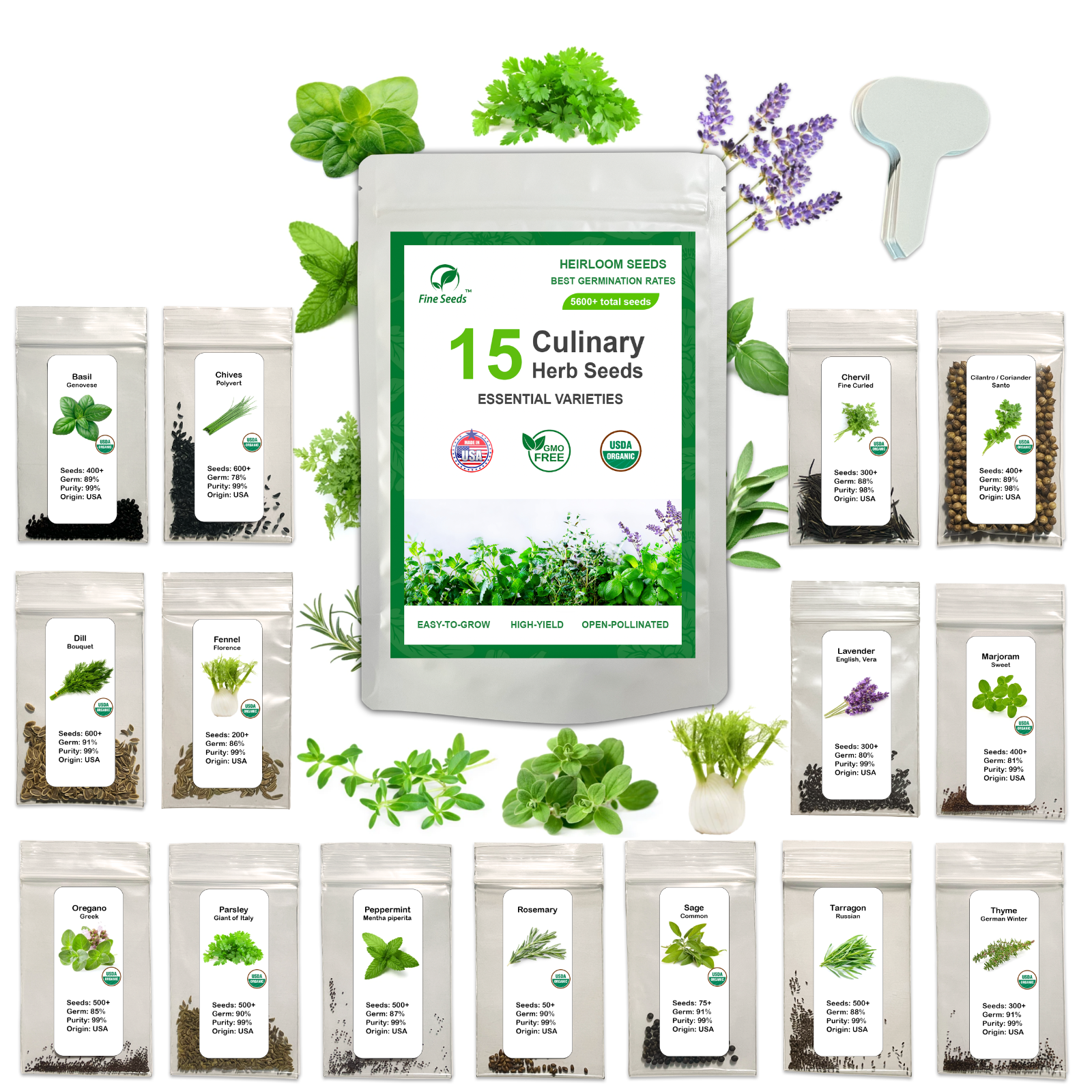 Herb Seeds Variety Pack | 15 Essential Culinary Varieties | 5600+ Heirloom Seeds