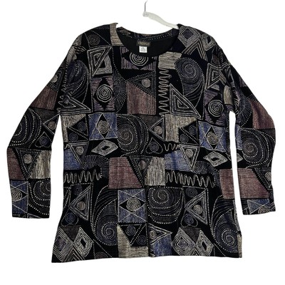 VTG A Touch of Class Long Sleeve Top Women L/XL Black Abstract Artsy Slinky Knit