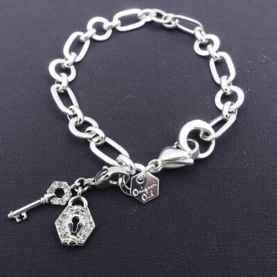 Origami Owl Silver Tone Retired Lock + Key Rhinestone Charm + 7'' Bracelet