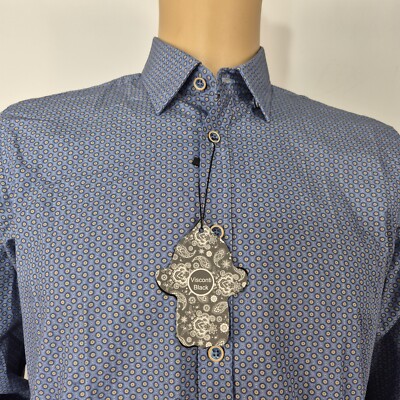 Luchiano Visconti Black Men's Size M  Button up Ling Sleeve Blue Shirt NWT 4