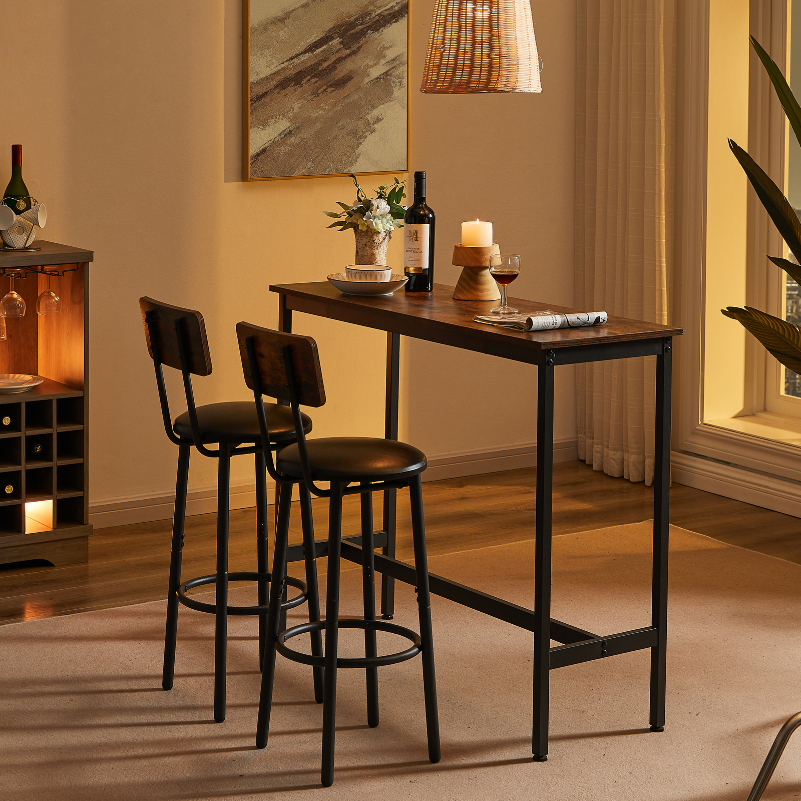 3 Piece Bar Table Set Counter Height Dining Kitchen Pub Table w/ 2 Bar Stools US