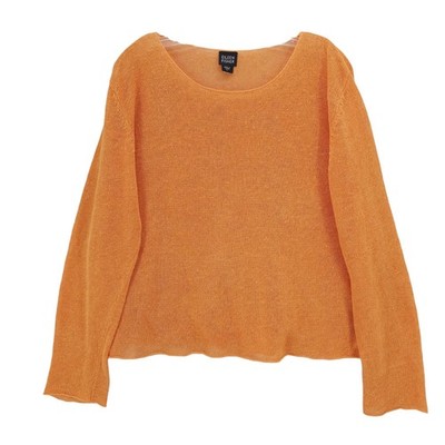 EILEEN FISHER 100% Linen Knit Top Sweater Rolled Hem Tangerine Orange LARGE