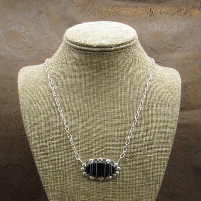 Navajo Sterling Silver Block Jet Inlay Necklace By Running Bear Workshop