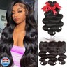 12A Body Wave Bundles with Frontal Human Hair 16 18 20+14 Inch Brazilian Virgin Body Wave Human Hair Weave 3 Bundles with 13x4 HD Lace Frontal Closure