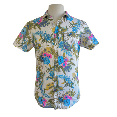 Sisley Size M 100% Cotton Summer Foliage Print Short Sleeve Shirt