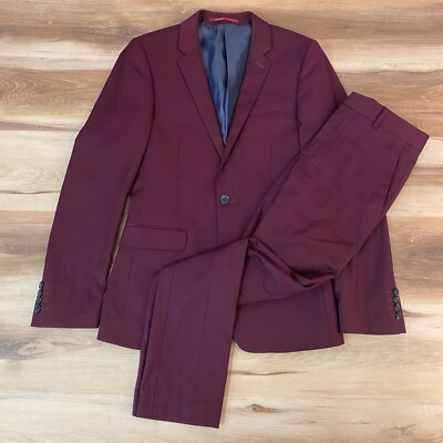 Topman Suit Mens 34R Burgundy Red Wine 28 x 29 Pants 1 Button Blazer Stretch