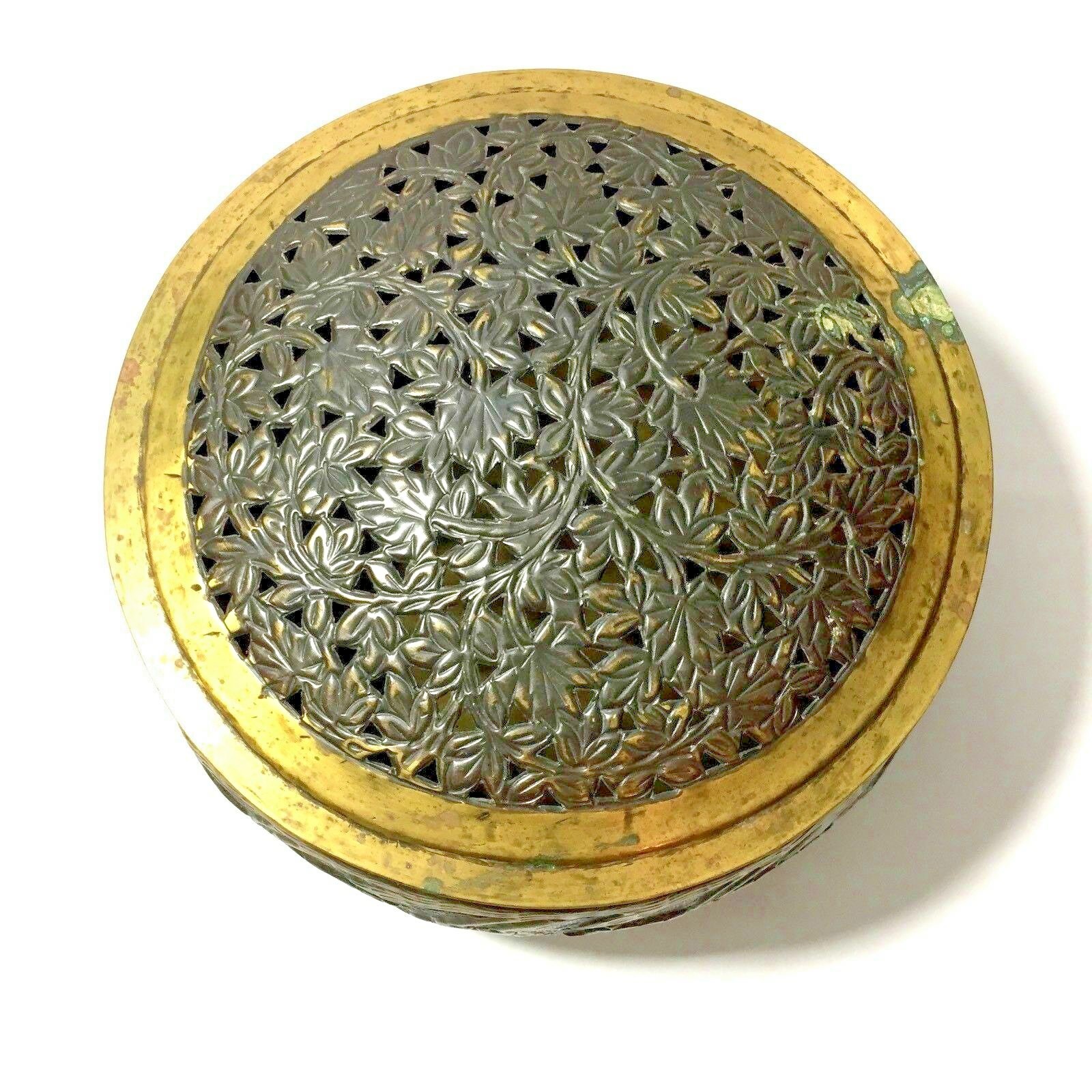 Large Embossed Brass Round Container Storage Box Ornate Filigree Lid