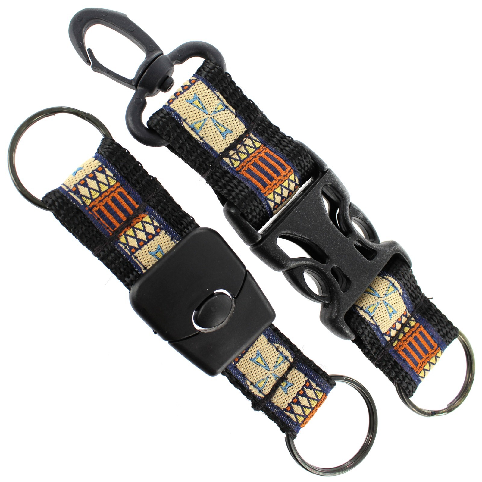 Chisco Black Beige Woven Fabric Blue Orange Symbols Key