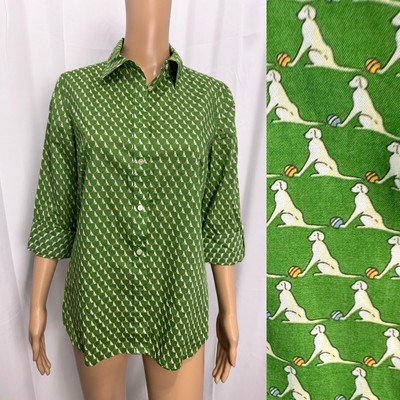 UNIQUE Talbots Womens Green Labrador Dog Lover Long Sleeve Button Down Shirt 8