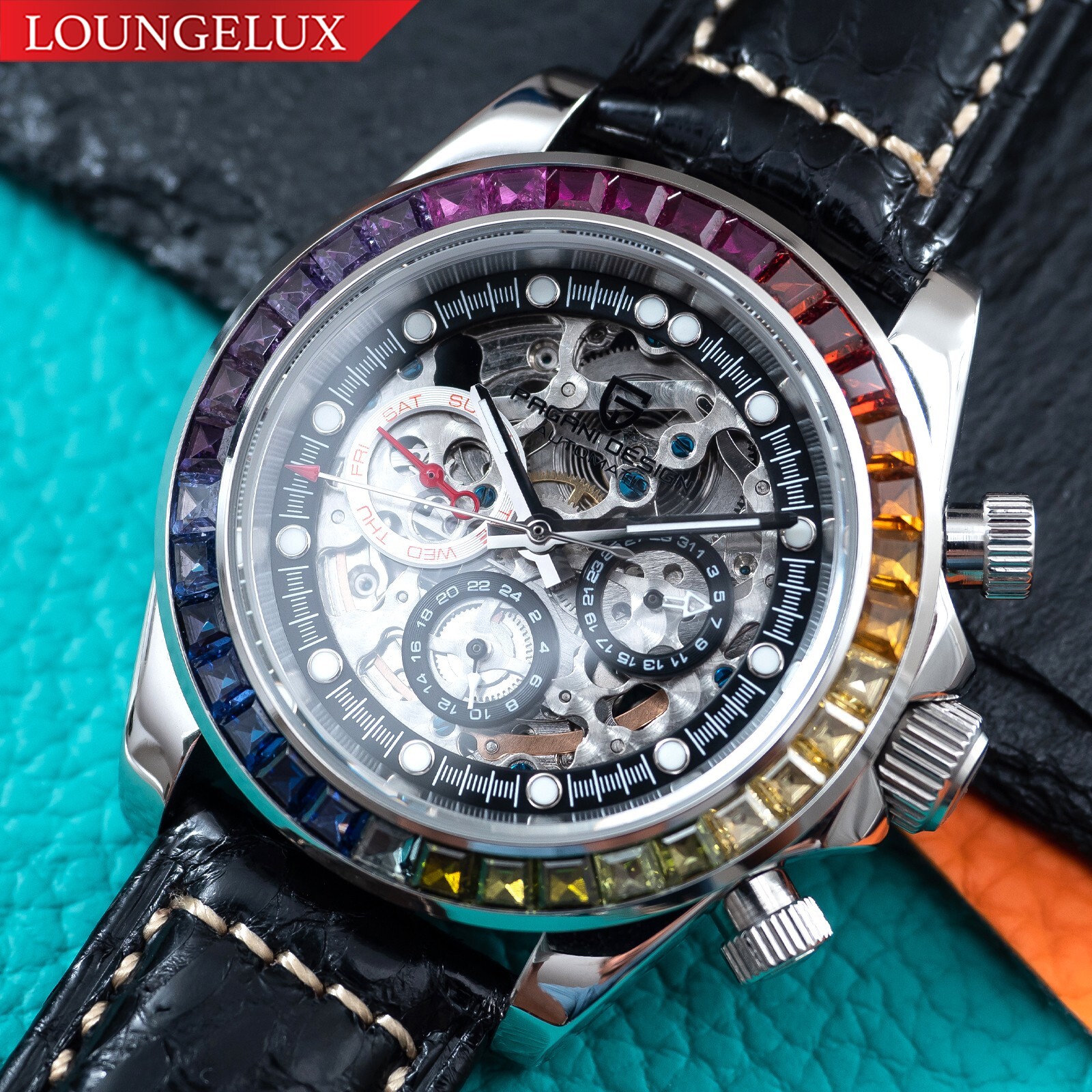 Pre-owned Pagani 40mm Automatic Mechanical Watch Silver Chrome Rainbow Black Snake Skin Leather