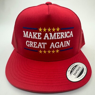 MAGA Trump 2024 Red Hat Cap  Embroidered Flat Bill Mesh Snapback 