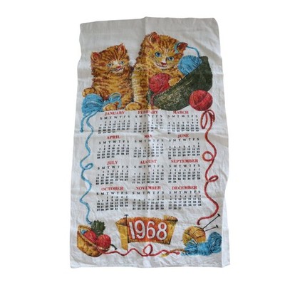 Vintage 1968 Calendar Linen Towel Kitchen Tea Kittens Yarn 27x16