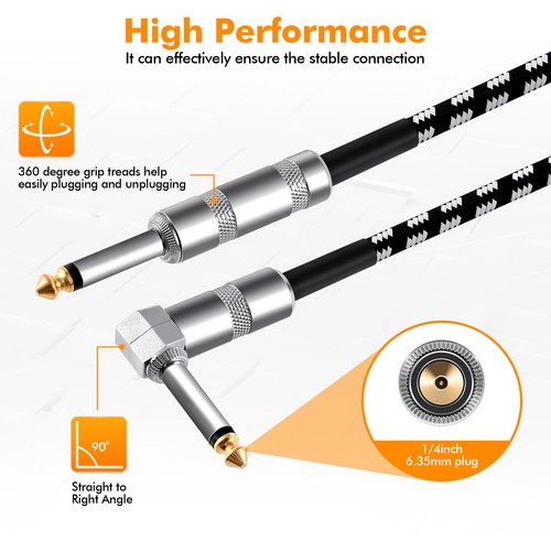 20ft Guitar Bass Instrument Patch Cable 1/4" Right-Angle Musical Cable Cord