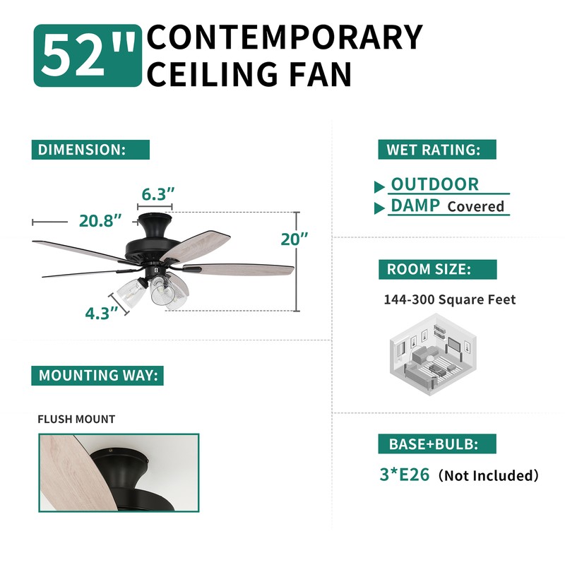 52'' Farmhouse Ceiling Fan Light with Remote Control Fan Lamp for Indoor Outdoor