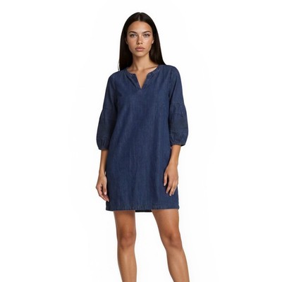 Talbots Denim Jean Shift Dress Women's Size 8 Blue Smocked 3/4 Sleeve Indigo