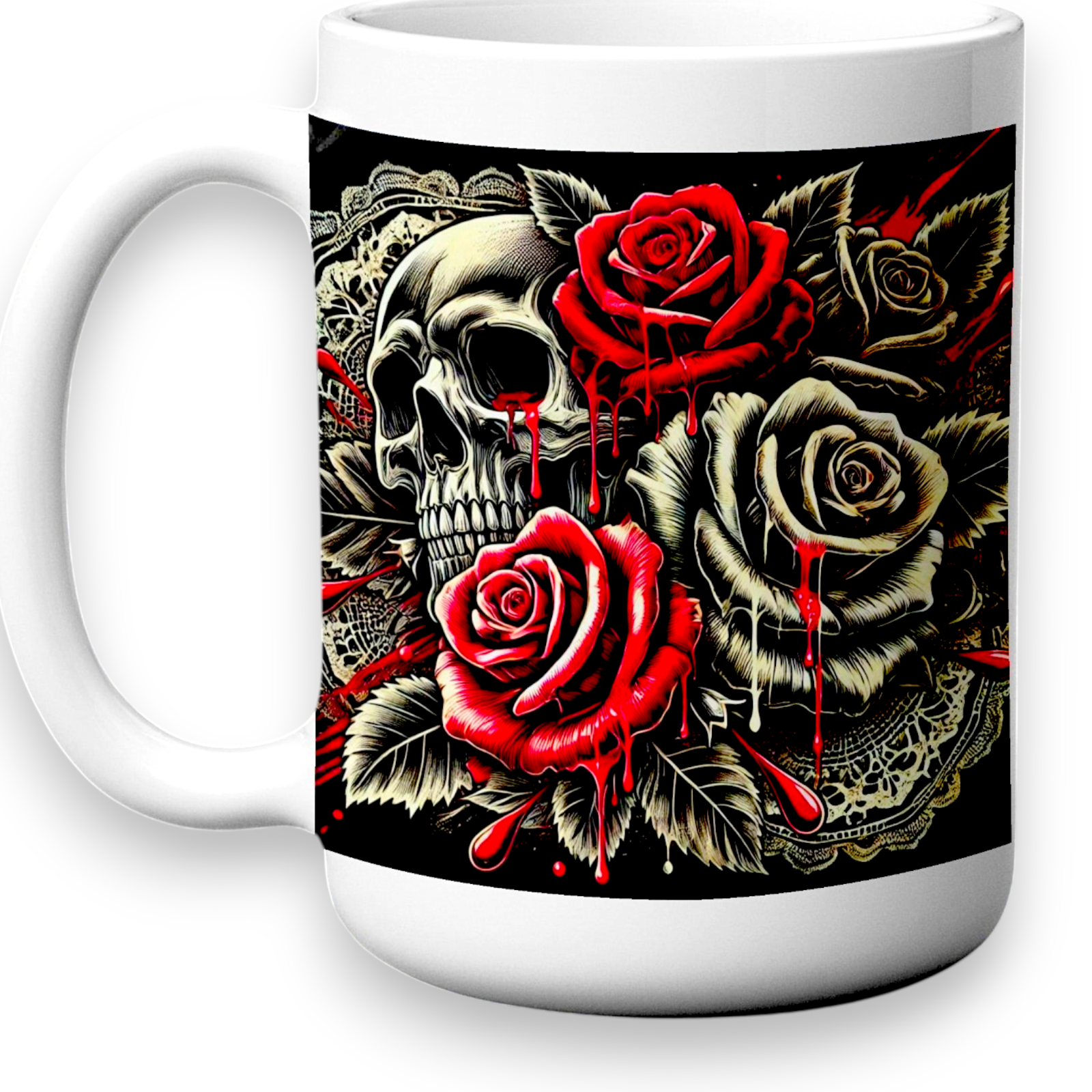 Gothic Skull Rose Coffee Mug 11oz Ceramic Dark Fantasy Horror Gift Halloween