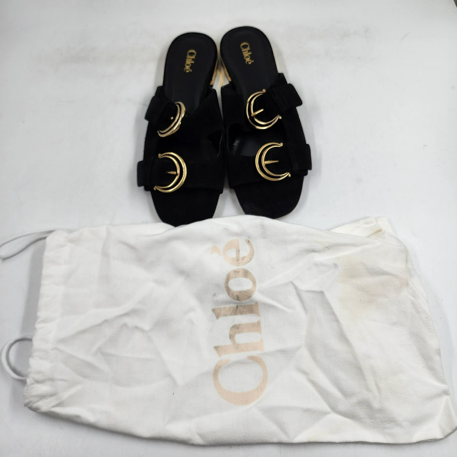 Chloé Alize Buckled Slide Sandals Women's 6.5US Black/Gold Open Toe Slip On - Picture 2 of 21