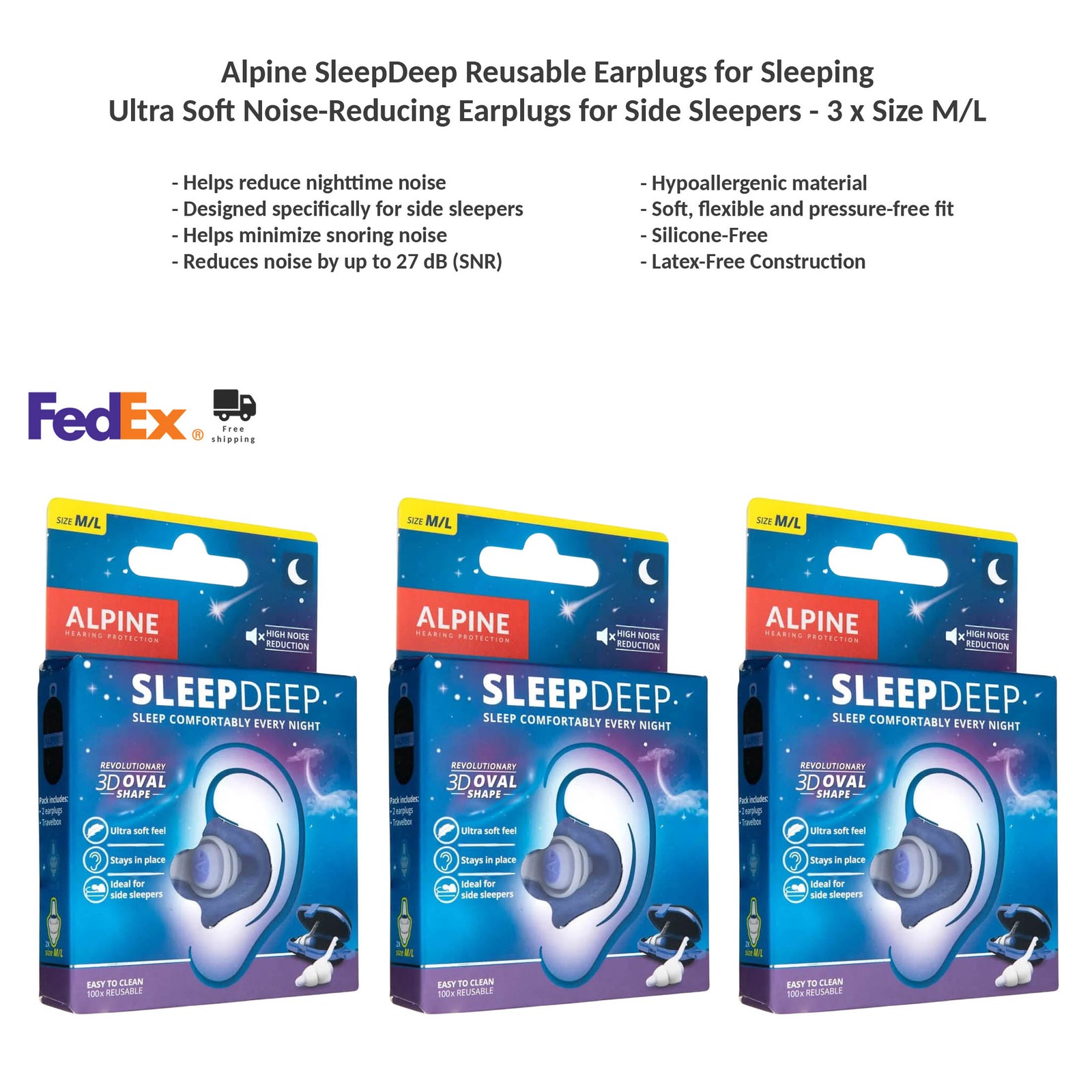 Alpine SleepDeep Reusable Earplugs for Sleeping 27dB SNR Noise Reduction M/L x3