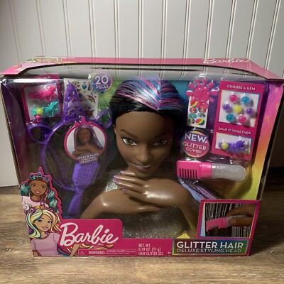 barbie deluxe 20 pc glitter and go styling head black hair distressed pkg 324761269190