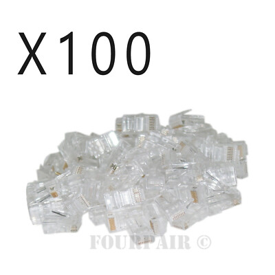 100 Pack RJ45 8P8C CAT5e Crimp-On Connector Plugs Ends For Solid Ethernet Cable