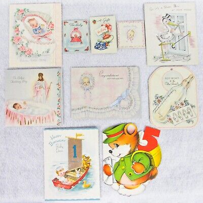 Lot 10 Vintage Baby Greeting Cards Gifts Christening, Birthday 1946-1951 Used