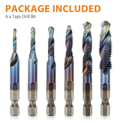 12/6Pcs HSS 1/4inch Hex Shank Screw Thread Tap Drill Bit Combination Set M3-M10