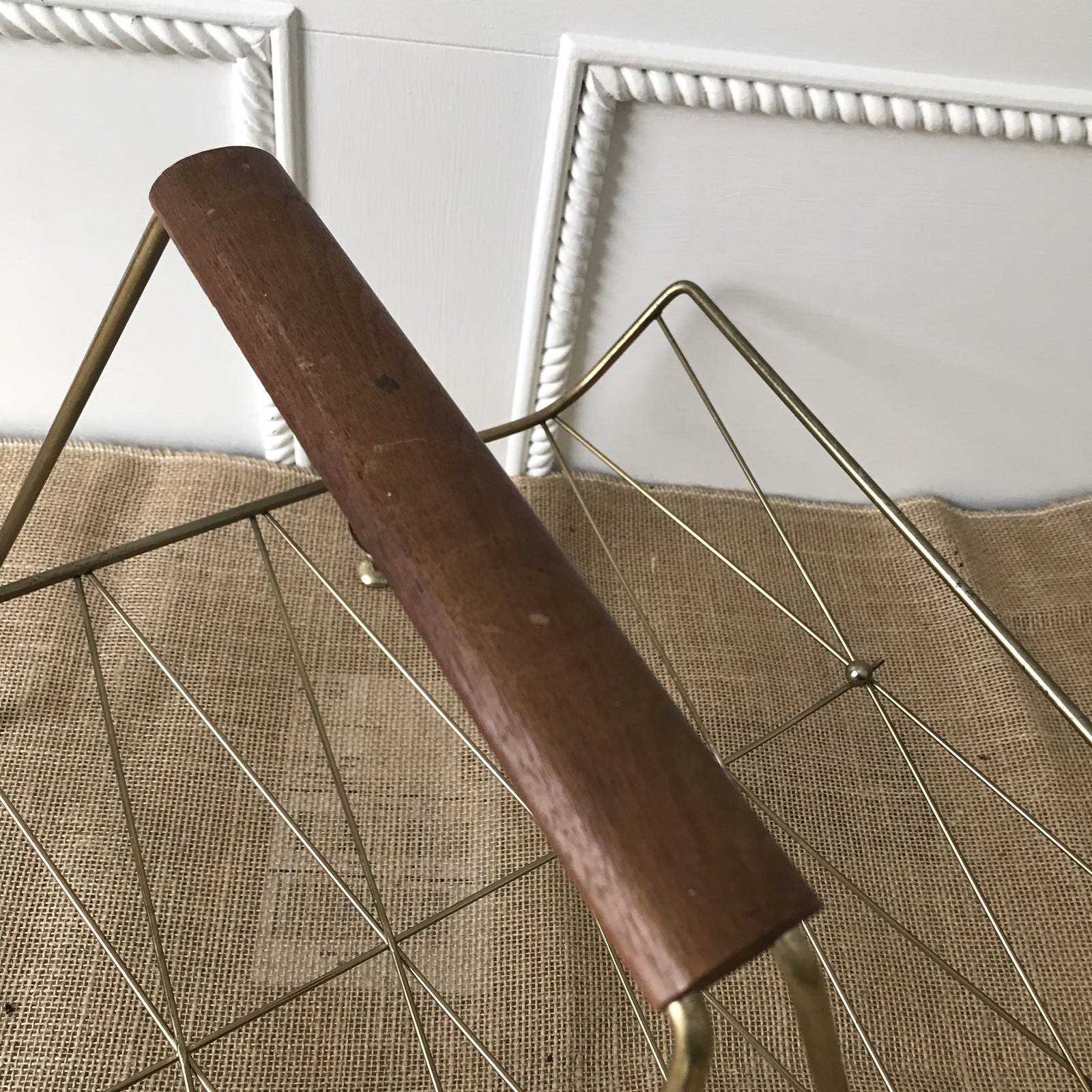 Vintage Mid Century Brass Metal LP Record Holder Magazine Rack Wood Handle