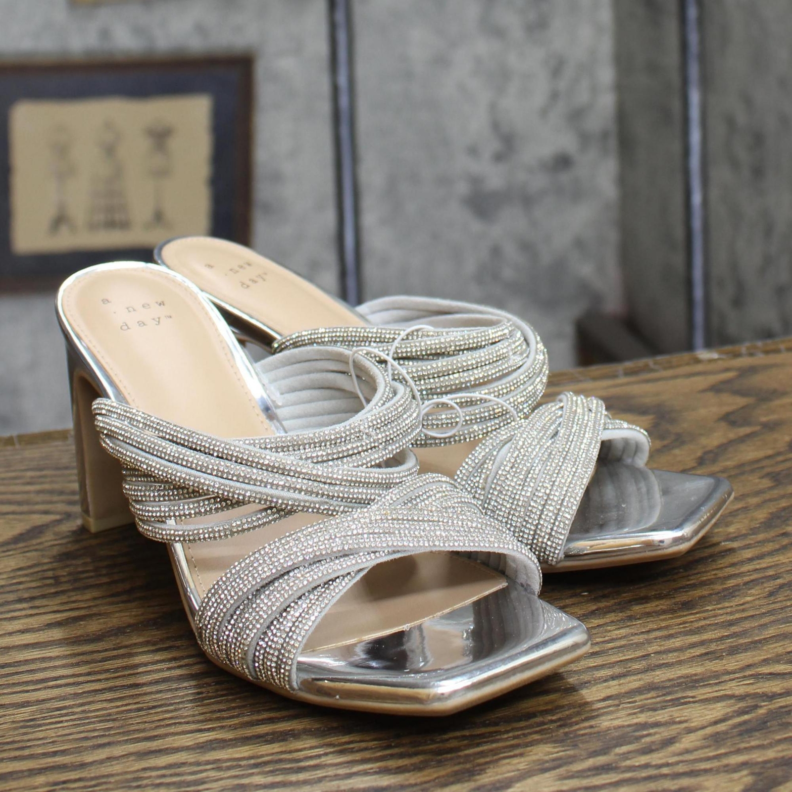 a New Day Womens Strappy Rhinestone Block Heels